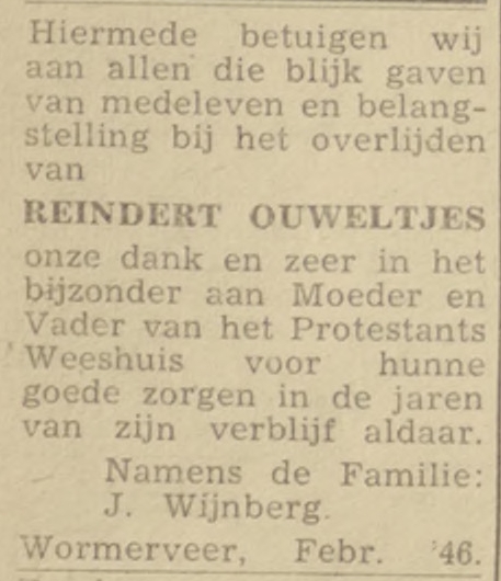 Reindert Ouweltjes dankbetuiging